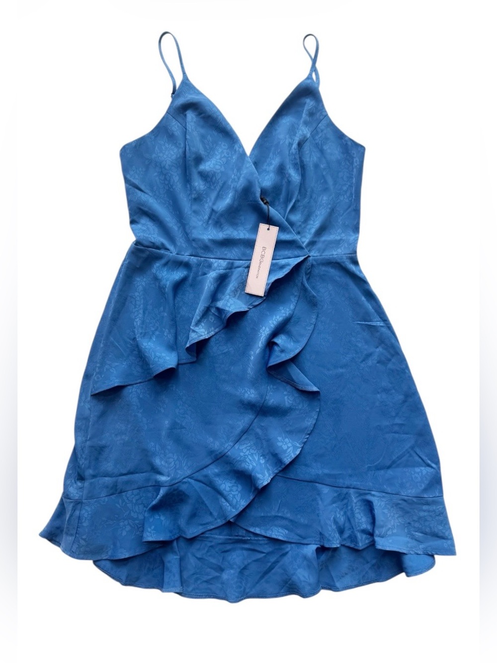 NWT BCBGeneration Blue Floral Satin Faux Wrap Ruffle Mini Dress Size 6